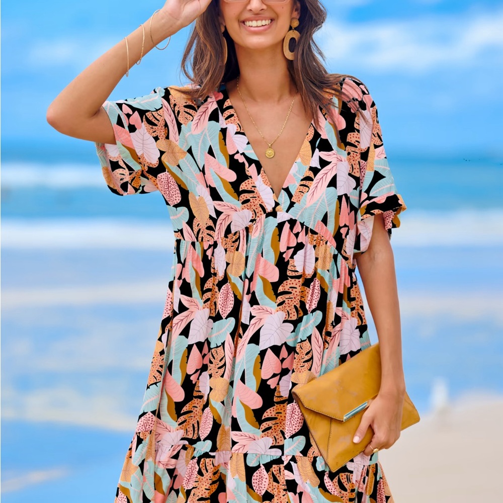 Tropical Leaf Short Sleeve Flounce Hem Mini Dress, Size XL